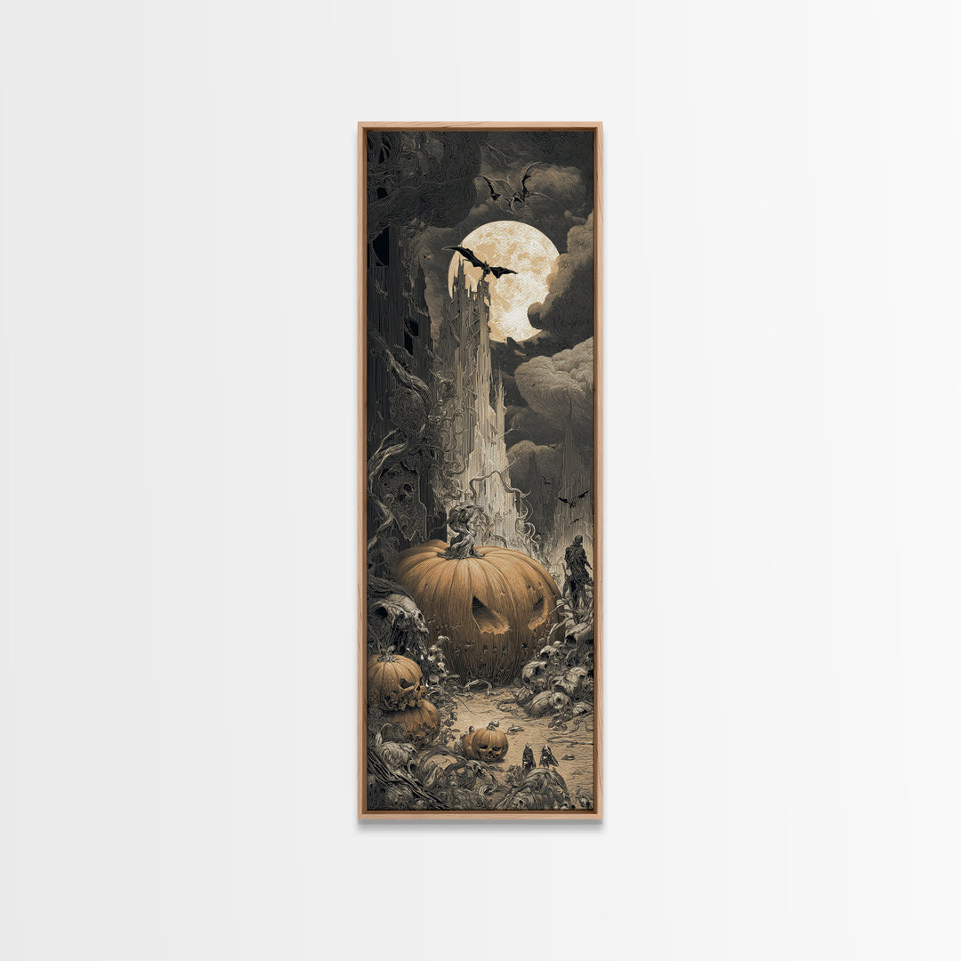 The Alien Pumpkin Patch, Gothic Engraving Art, Tall Narrow Wall Art, Dark Fantasy Wall Art, Canvas Print, Halloween Wall Art