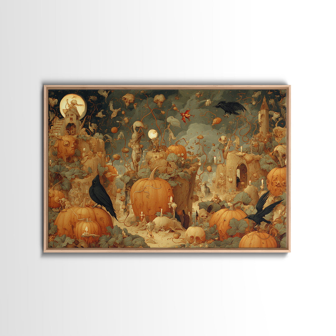 The Alien Pumpkin Patch, Medieval Grotesque Art, Landscape Wall Art, Macabre Wall Art, Canvas Print, Halloween Wall Art