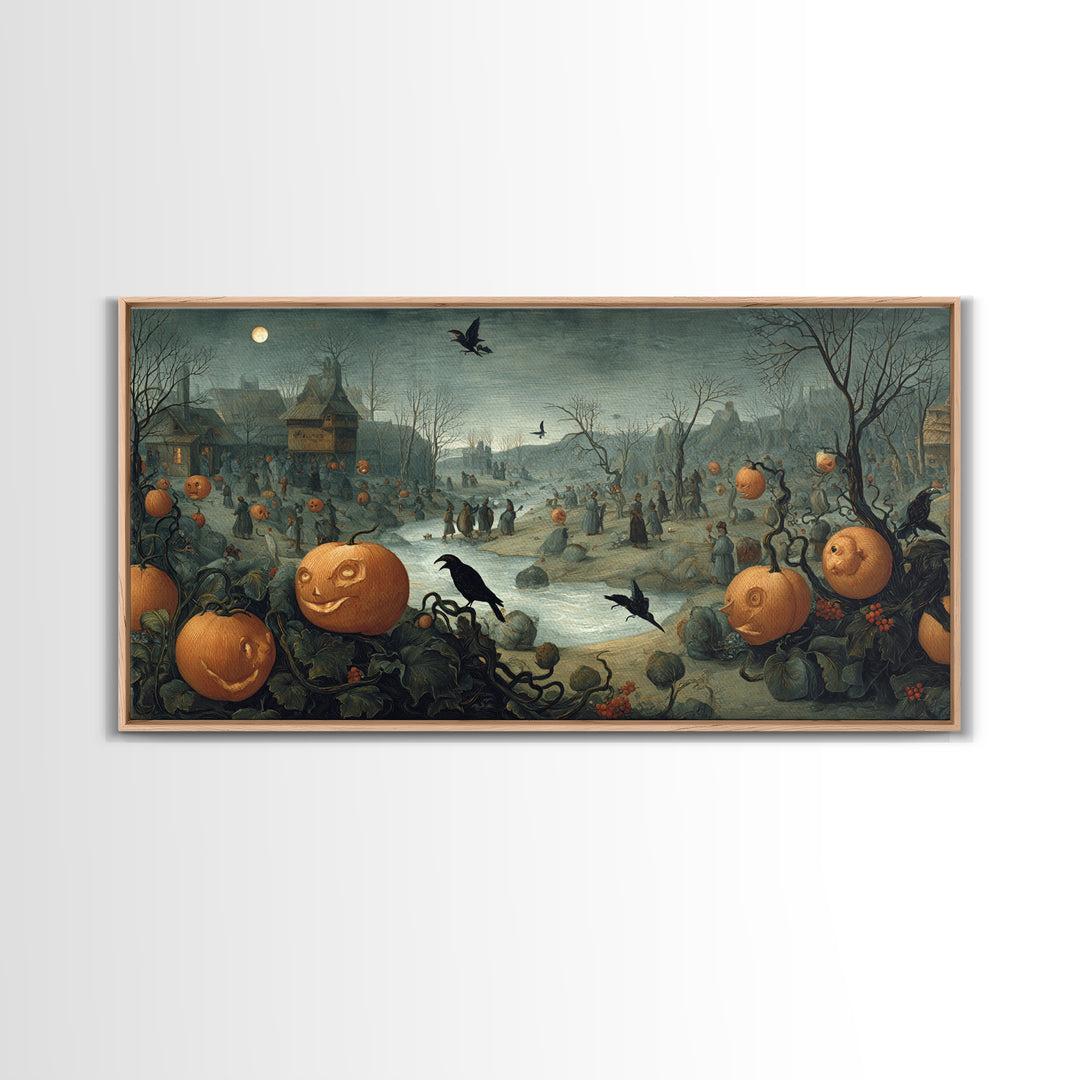 The Alien Pumpkin Patch, Northern Renaissance Horror, Wide Panoramic Art, Dark Halloween Decor, Canvas Print, Halloween Wall Art