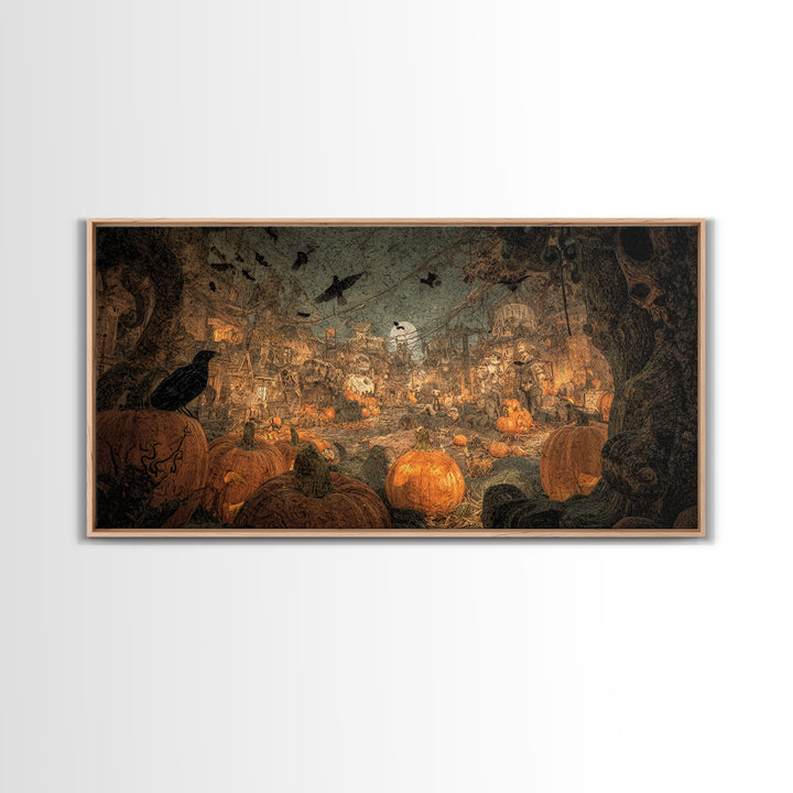 The Alien Pumpkin Patch, Grotesque Carnival Art, Wide Panoramic Art, Gothic Horror Wall Art, Framed Canvas Print, Halloween Wall Art
