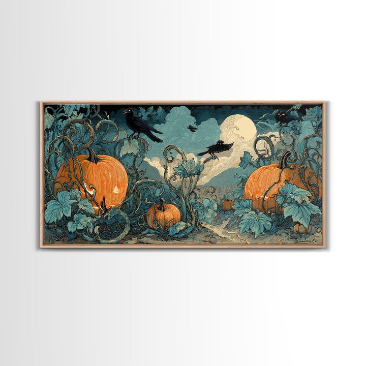 The Alien Pumpkin Patch, Macabre Folk Print Art, Wide Panoramic Art, Macabre Wall Art, Canvas Print, Halloween Wall Art