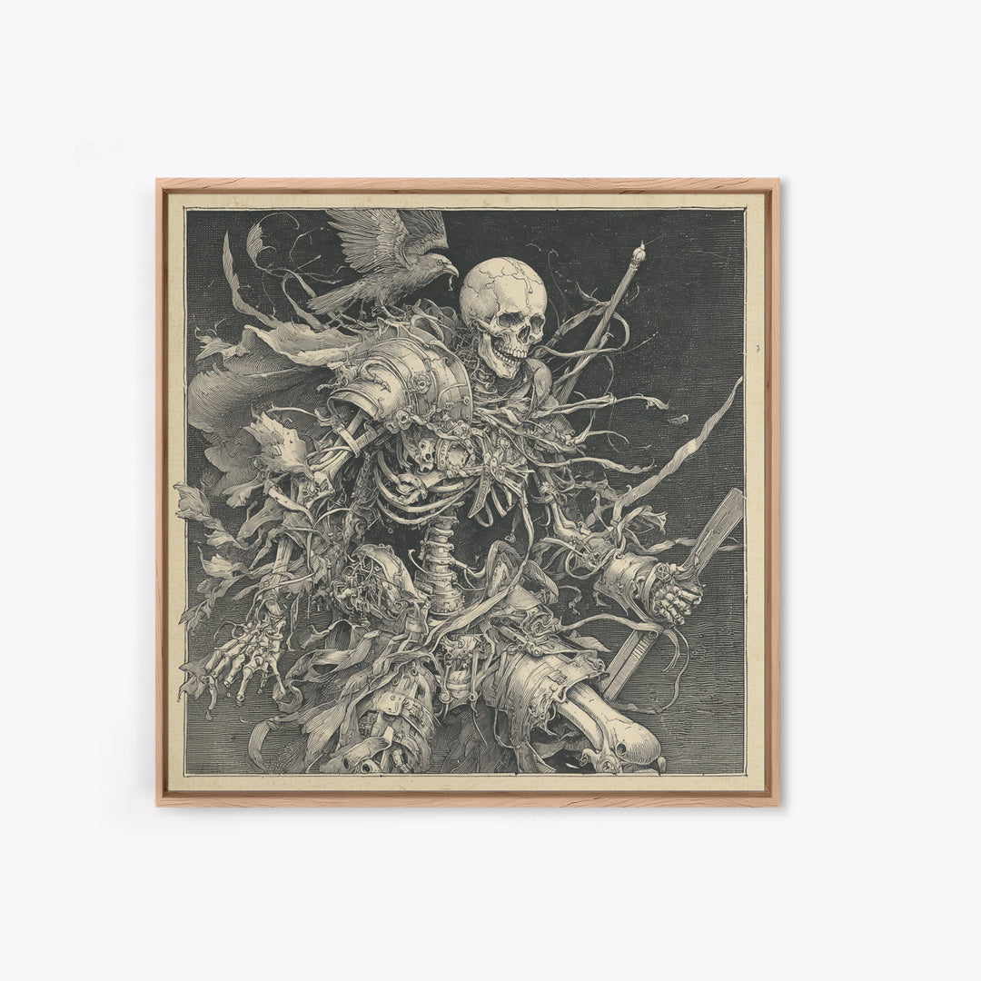The Biomechanical Skeleton, Renaissance Engraving Art, Square Wall Art, Dark Fantasy Wall Art, Framed Canvas Print, Halloween Wall Art