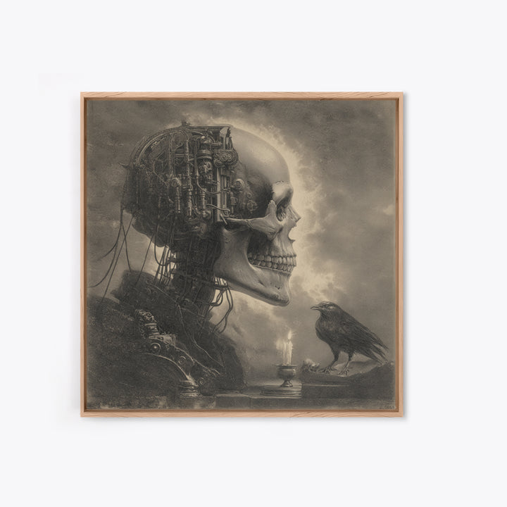 The Biomechanical Skeleton, Symbolist Etching Art, Square Wall Art, Dark Fantasy Wall Art, Canvas Print, Halloween Wall Art