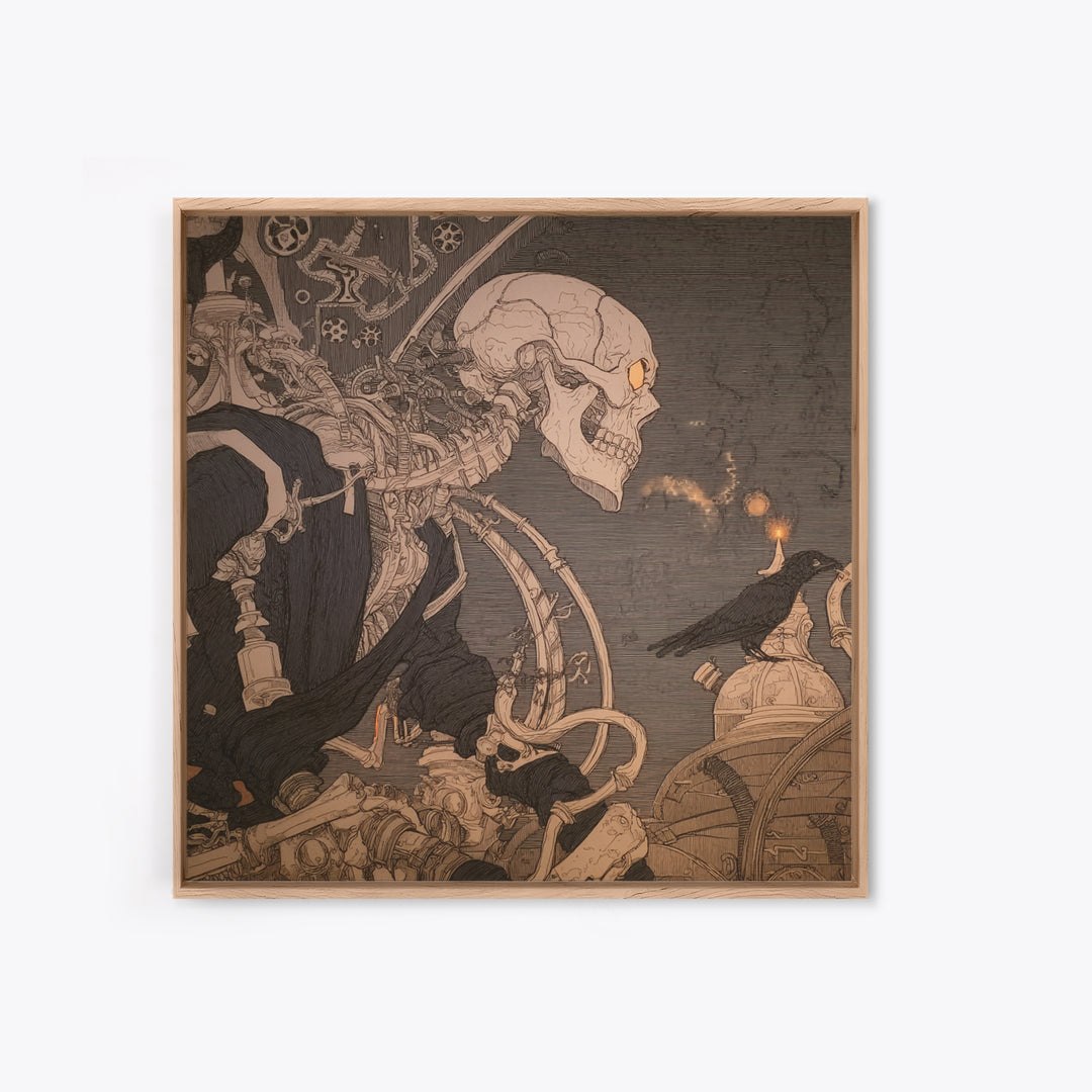 The Biomechanical Skeleton, Decadent Line Art, Square Wall Art, Gothic Horror Wall Art, Framed Canvas Print, Halloween Wall Art