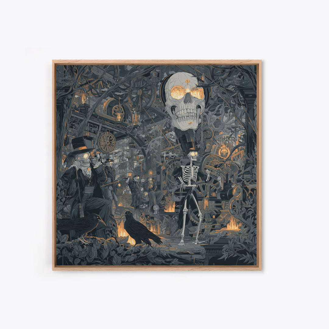 The Biomechanical Skeleton, Macabre Folk Print Art, Square Wall Art, Dark Fantasy Wall Art, Canvas Print, Halloween Wall Art