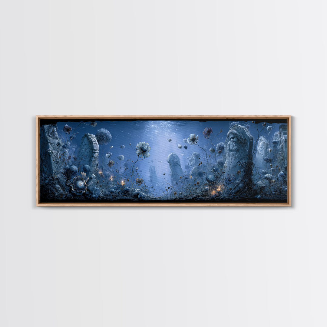 The Underwater Graveyard, Symbolist Dream Art, Extra Wide Wall Art, Dark Halloween Decor, Canvas Print, Halloween Wall Art