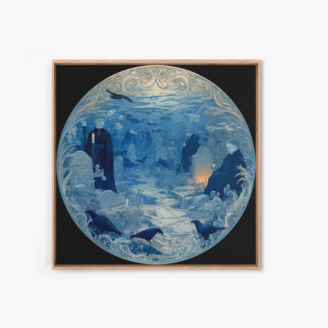 The Underwater Graveyard, Symbolist Death Art, Square Wall Art, Dark Fantasy Wall Art, Framed Canvas Print, Halloween Wall Art