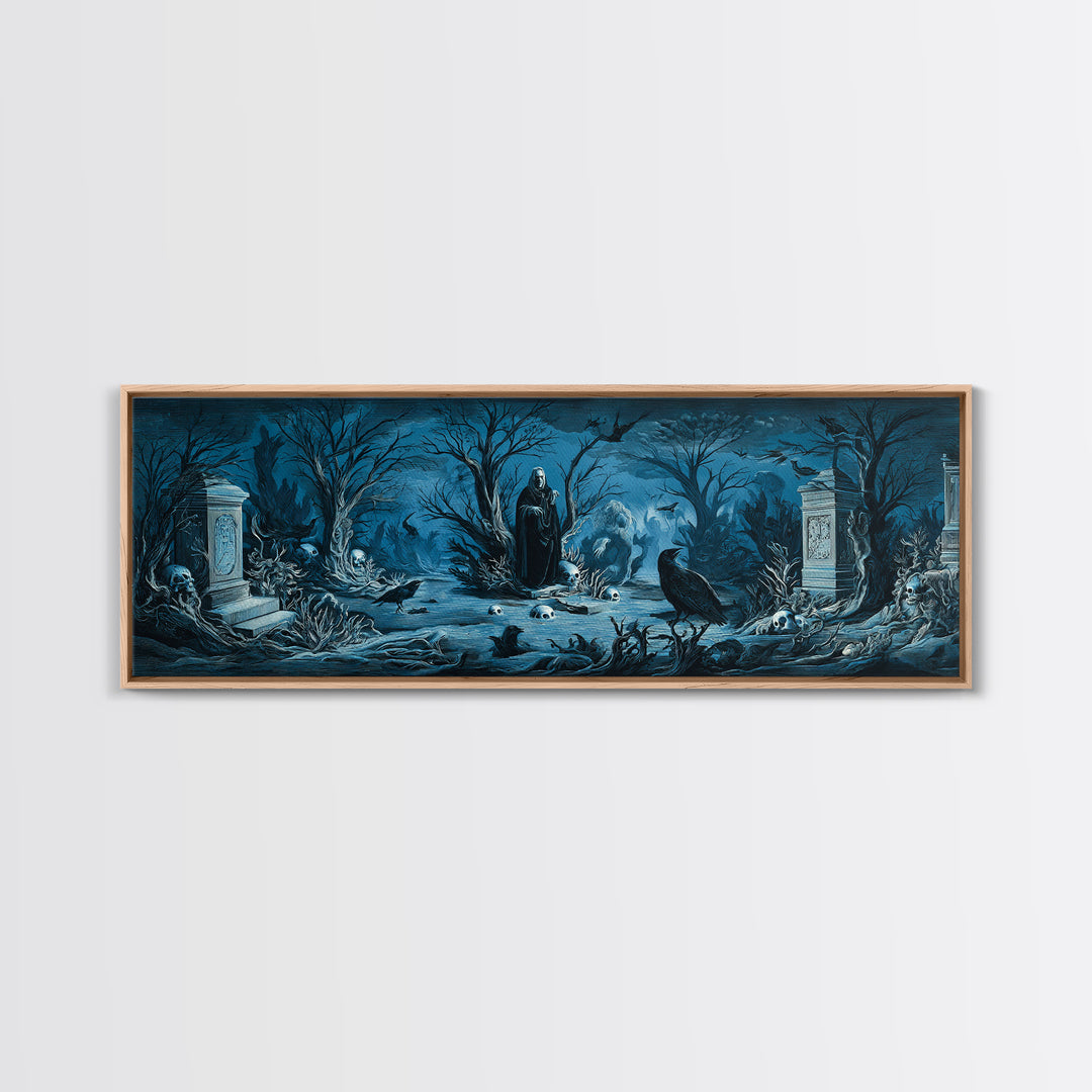 The Underwater Graveyard, Symbolist Etching Art, Extra Wide Wall Art, Macabre Wall Art, Canvas Print, Halloween Wall Art