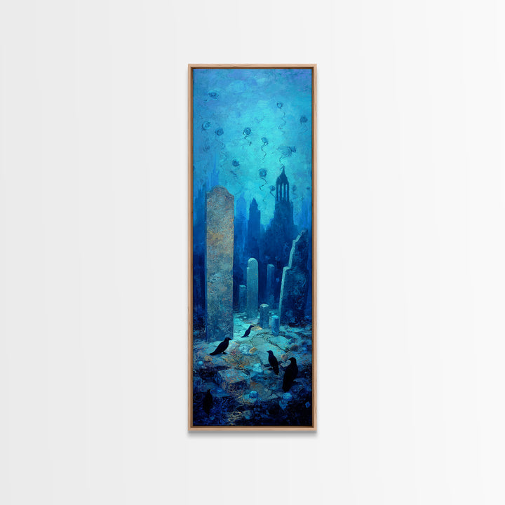 The Underwater Graveyard, Surreal Apocalyptic Art, Tall Narrow Wall Art, Gothic Horror Wall Art, Framed Canvas Print