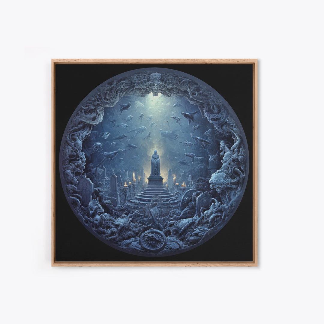 The Underwater Graveyard, Biomechanical Horror Art, Square Wall Art, Dark Fantasy Wall Art, Framed Canvas Print, Halloween Wall Art