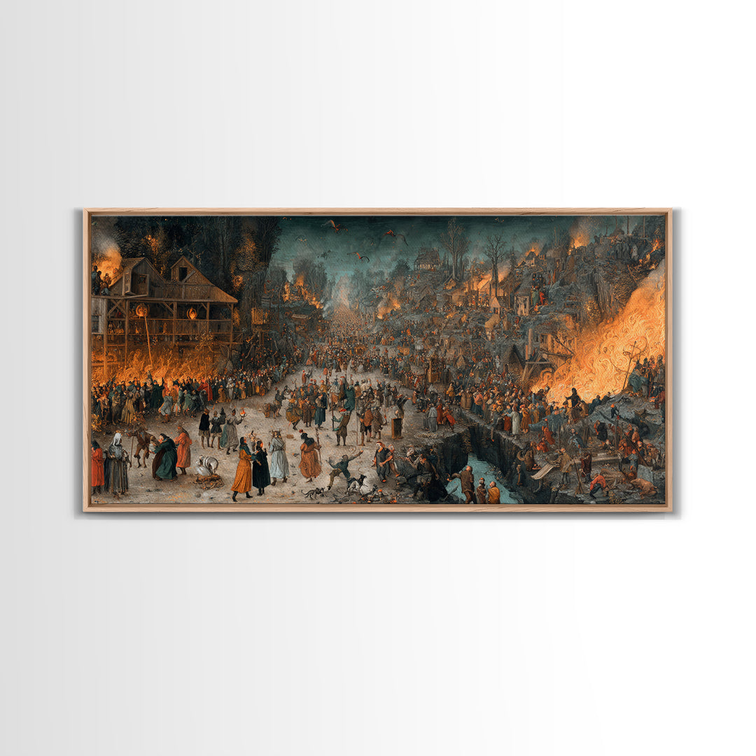 The Volcanic Demon Festival, Northern Renaissance Horror, Wide Panoramic Art, Gothic Horror Wall Art, Framed Canvas Print