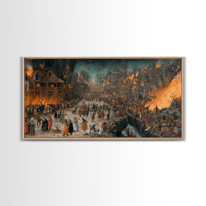 The Volcanic Demon Festival, Northern Renaissance Horror, Wide Panoramic Art, Gothic Horror Wall Art, Framed Canvas Print