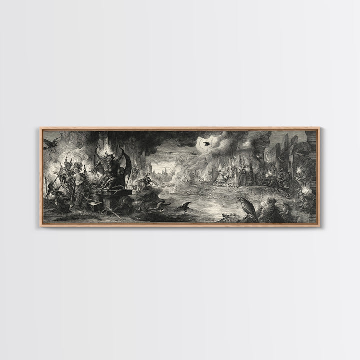 The Volcanic Demon Festival, Renaissance Engraving Art, Extra Wide Wall Art, Dark Halloween Decor, Canvas Print, Halloween Wall Art