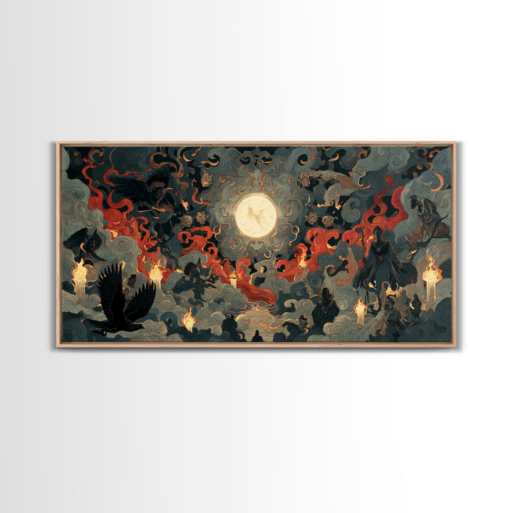 The Volcanic Demon Festival, Visionary Gothic Art, Wide Panoramic Art, Macabre Wall Art, Framed Canvas Print, Halloween Wall Art