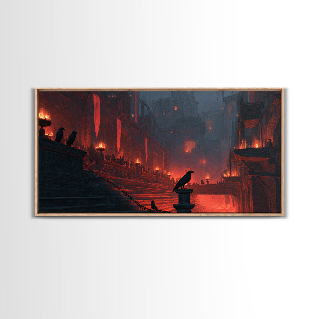 The Volcanic Demon Festival, Architectural Etching Art, Wide Panoramic Art, Gothic Horror Wall Art, Canvas Print