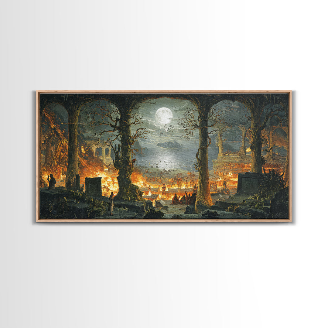 The Volcanic Demon Festival, Romantic Gothic Landscape, Wide Panoramic Art, Dark Halloween Decor, Canvas Print, Halloween Wall Art
