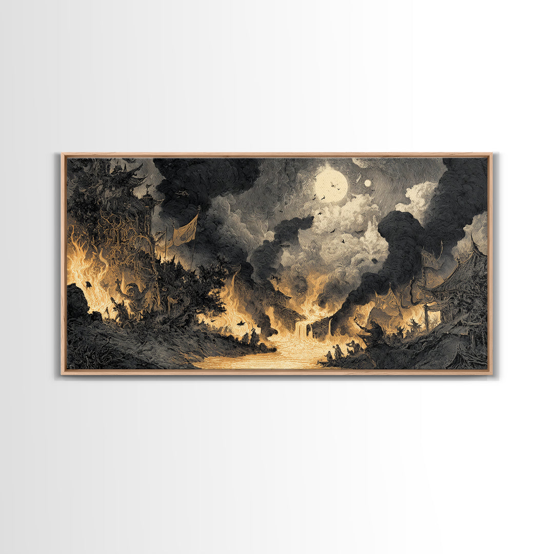 The Volcanic Demon Festival, Expressionist Nightmare Art, Wide Panoramic Art, Dark Halloween Decor, Canvas Print, Halloween Wall Art
