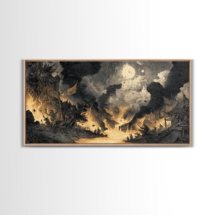 The Volcanic Demon Festival, Expressionist Nightmare Art, Wide Panoramic Art, Dark Halloween Decor, Canvas Print, Halloween Wall Art
