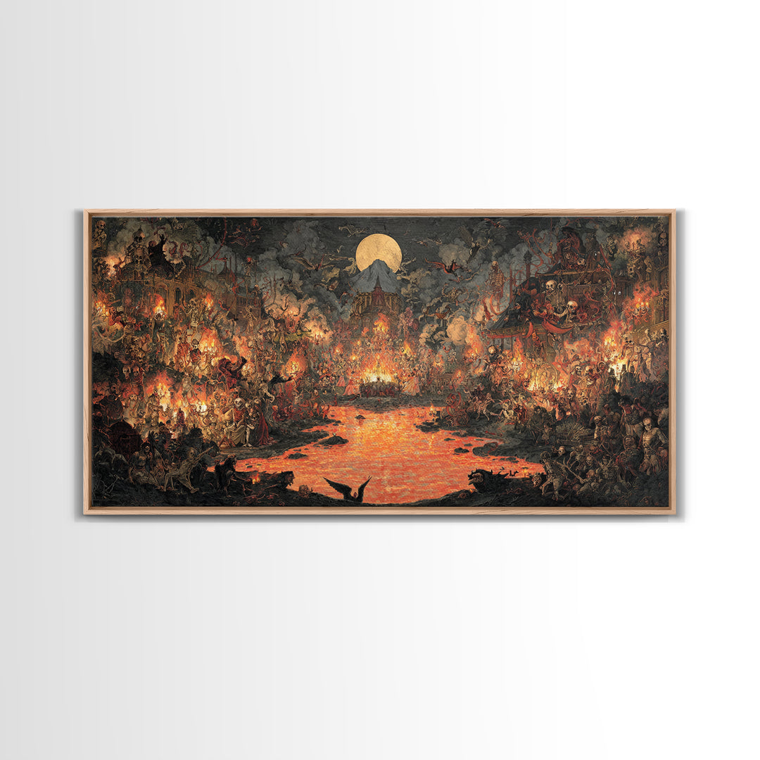 The Volcanic Demon Festival, Grotesque Carnival Art, Wide Panoramic Art, Dark Fantasy Wall Art, Framed Canvas Print, Halloween Wall Art