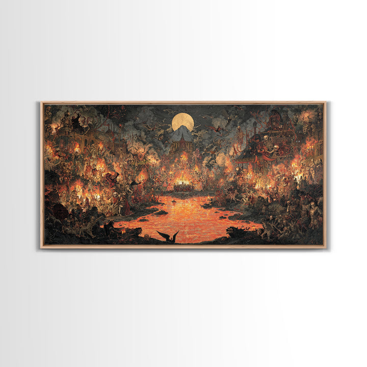 The Volcanic Demon Festival, Grotesque Carnival Art, Wide Panoramic Art, Dark Fantasy Wall Art, Framed Canvas Print, Halloween Wall Art