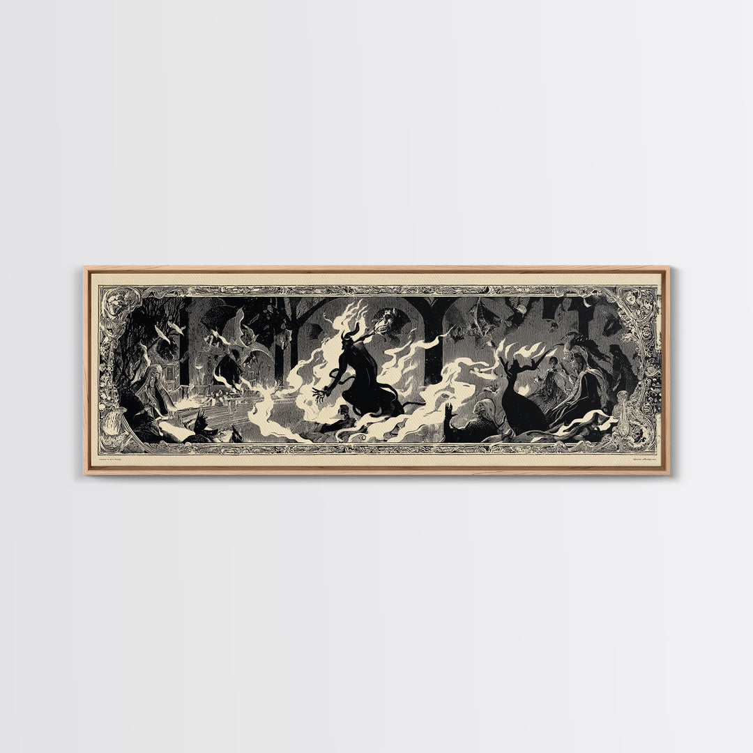 The Volcanic Demon Festival, Decadent Line Art, Extra Wide Wall Art, Dark Halloween Decor, Framed Canvas Print