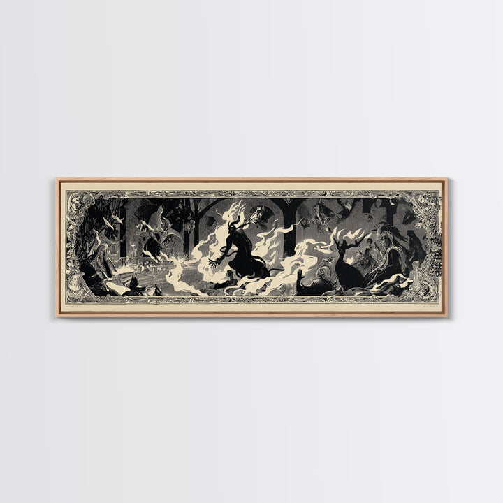 The Volcanic Demon Festival, Decadent Line Art, Extra Wide Wall Art, Dark Halloween Decor, Framed Canvas Print