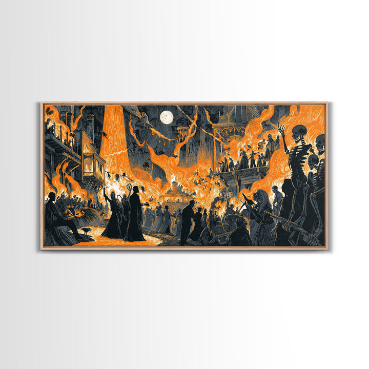 The Volcanic Demon Festival, Macabre Folk Print Art, Wide Panoramic Art, Dark Fantasy Wall Art, Framed Canvas Print