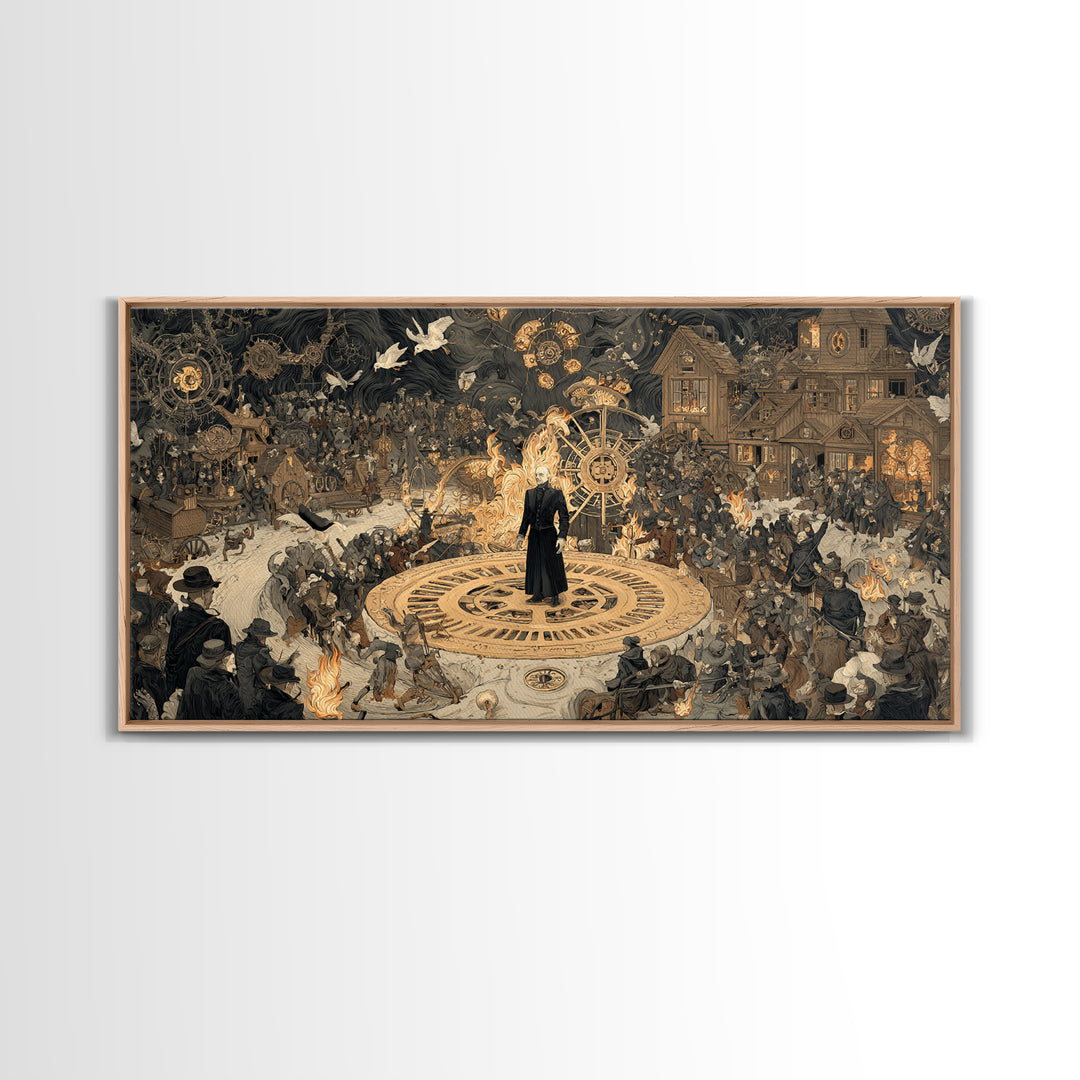 The Clockwork Haunted House, Northern Renaissance Horror, Wide Panoramic Art, Macabre Wall Art, Framed Canvas Print