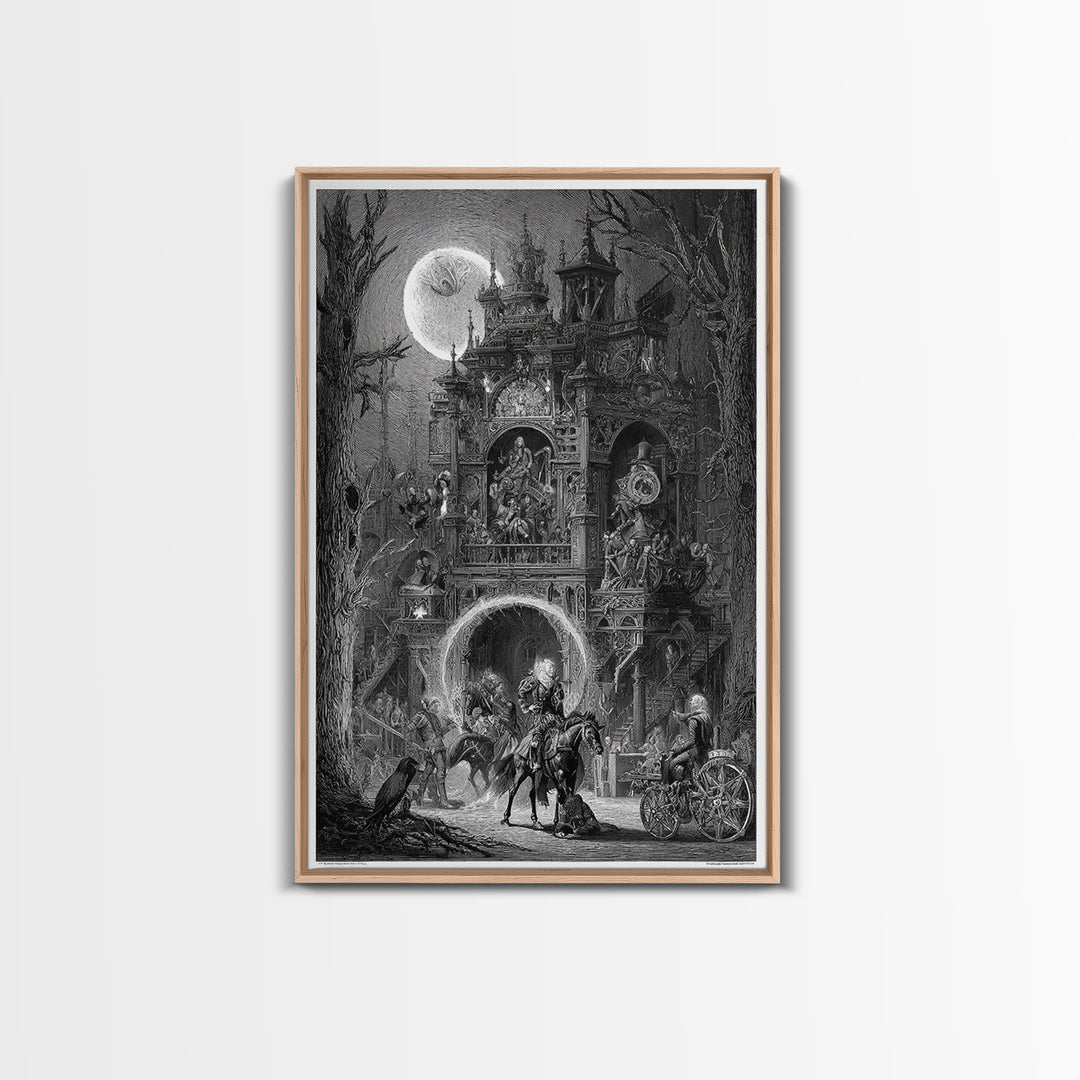 The Clockwork Haunted House, Renaissance Engraving Art, Vertical Wall Art, Macabre Wall Art, Framed Canvas Print, Halloween Wall Art