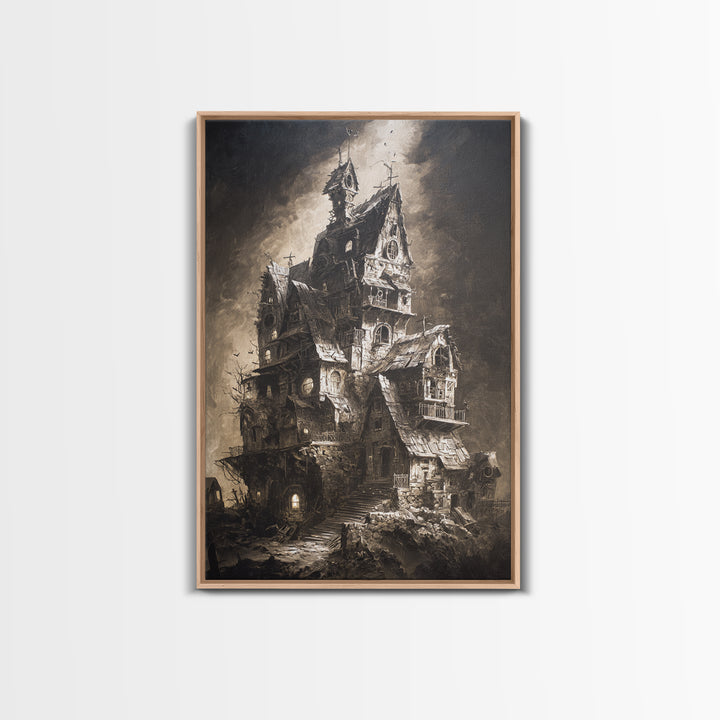 The Clockwork Haunted House, Dark Romantic Horror Art, Vertical Wall Art, Dark Fantasy Wall Art, Canvas Print, Halloween Wall Art