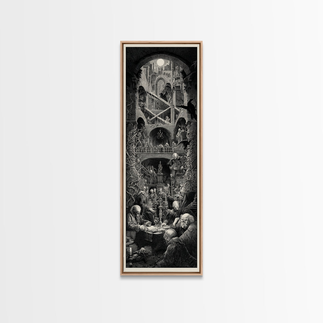 The Clockwork Haunted House, Architectural Etching Art, Tall Narrow Wall Art, Dark Halloween Decor, Canvas Print
