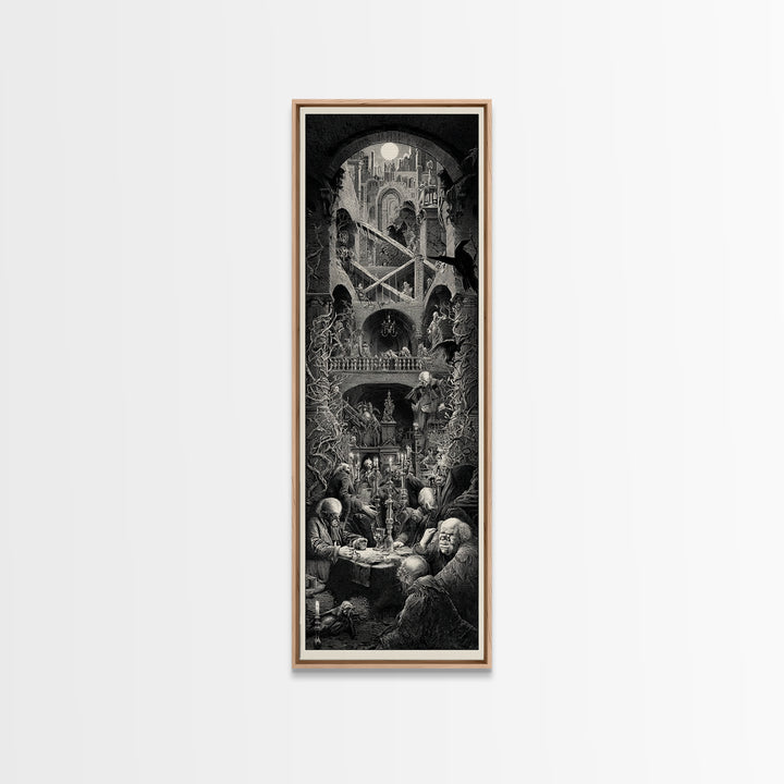 The Clockwork Haunted House, Architectural Etching Art, Tall Narrow Wall Art, Dark Halloween Decor, Canvas Print