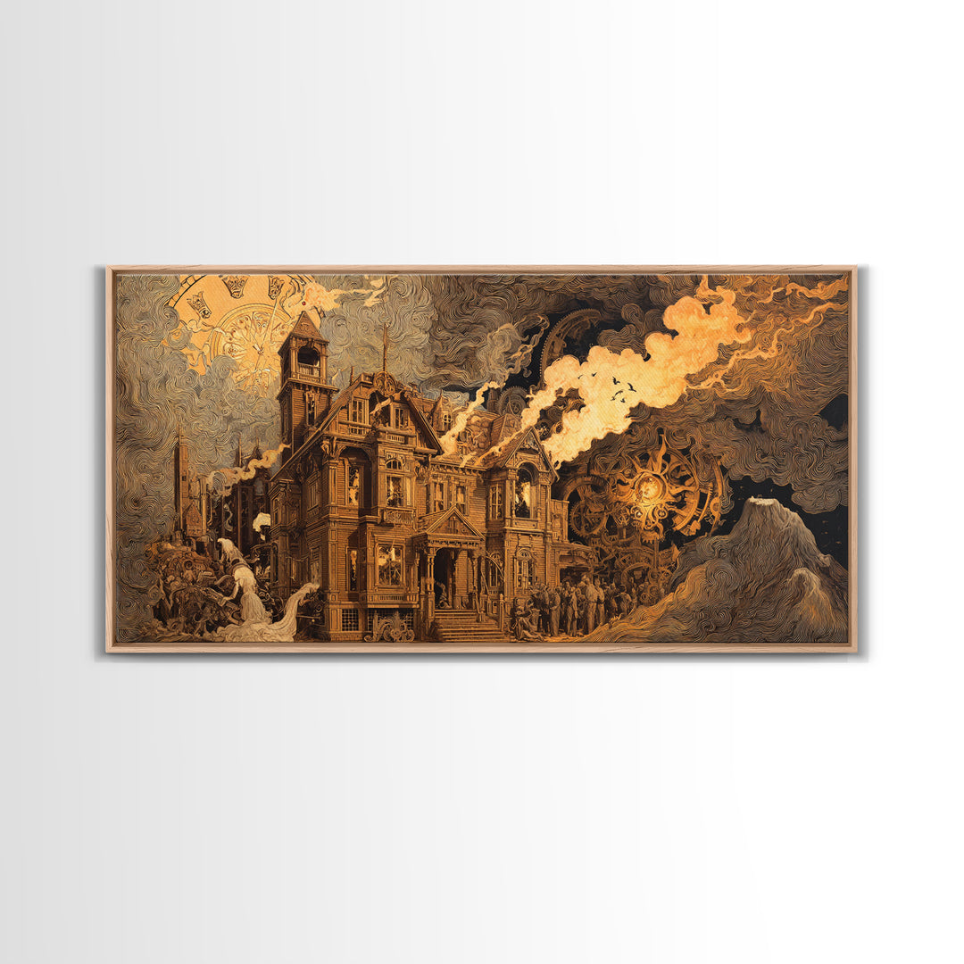 The Clockwork Haunted House, Apocalyptic Romantic Art, Wide Panoramic Art, Gothic Horror Wall Art, Canvas Print, Halloween Wall Art