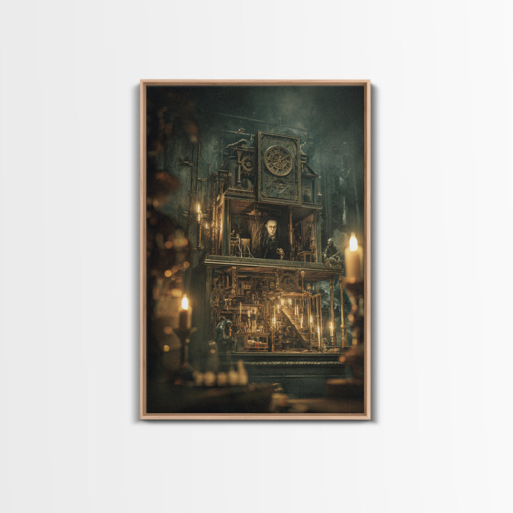 The Clockwork Haunted House, Ornate Symbolist Art, Vertical Wall Art, Dark Halloween Decor, Framed Canvas Print, Halloween Wall Art