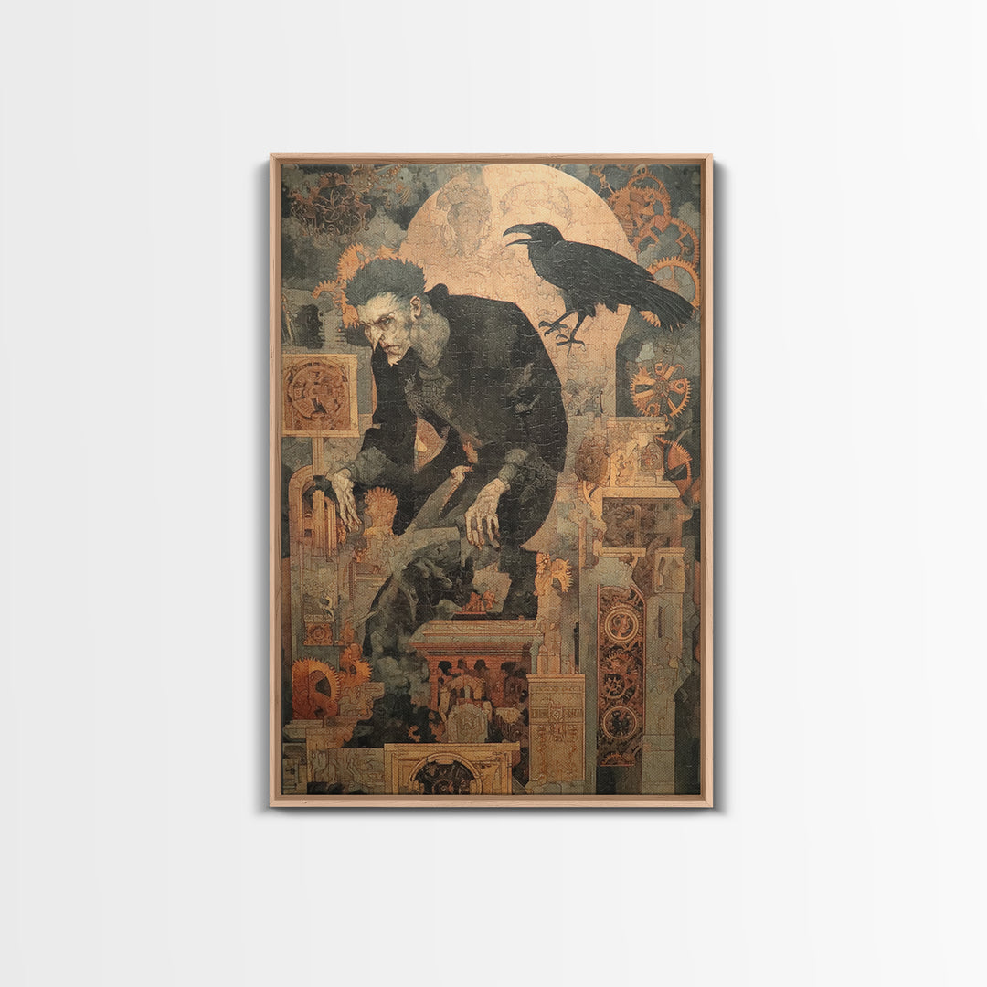 The Clockwork Haunted House, Symbolist Etching Art, Vertical Wall Art, Dark Halloween Decor, Canvas Print, Halloween Wall Art