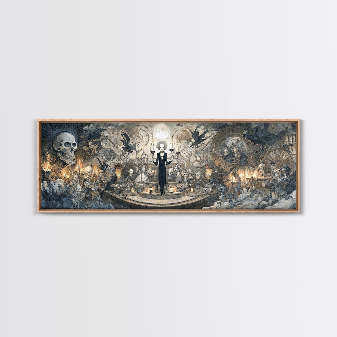 The Clockwork Haunted House, Expressionist Nightmare Art, Extra Wide Wall Art, Dark Halloween Decor, Framed Canvas Print, Halloween Wall Art