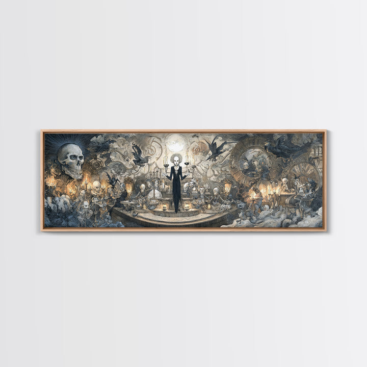 The Clockwork Haunted House, Expressionist Nightmare Art, Extra Wide Wall Art, Dark Halloween Decor, Framed Canvas Print, Halloween Wall Art