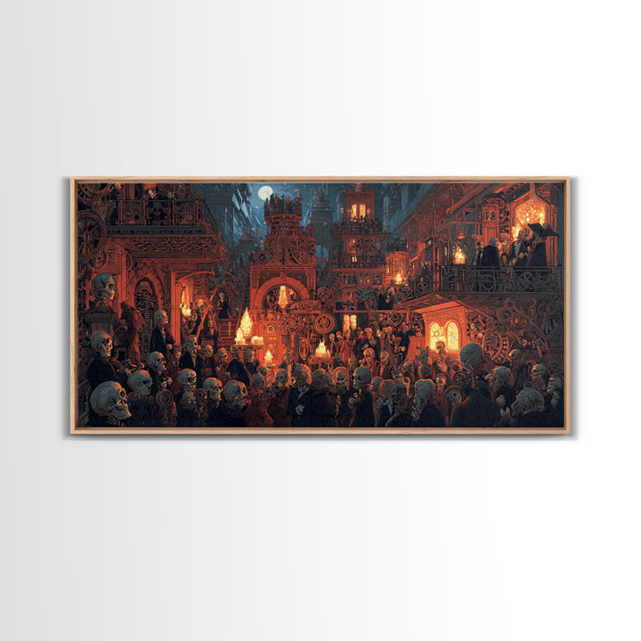 The Clockwork Haunted House, Grotesque Carnival Art, Wide Panoramic Art, Gothic Horror Wall Art, Canvas Print, Halloween Wall Art