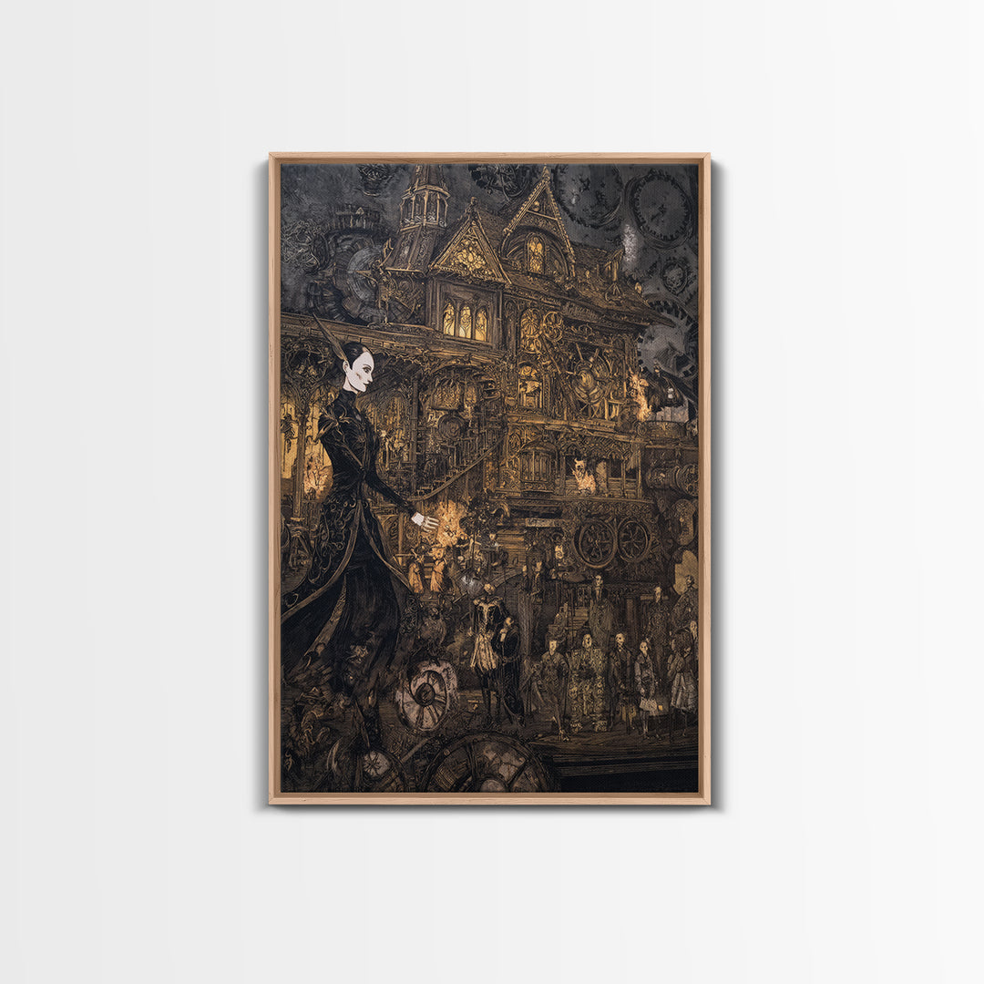 The Clockwork Haunted House, Stained Glass Gothic Art, Vertical Wall Art, Dark Fantasy Wall Art, Canvas Print, Halloween Wall Art