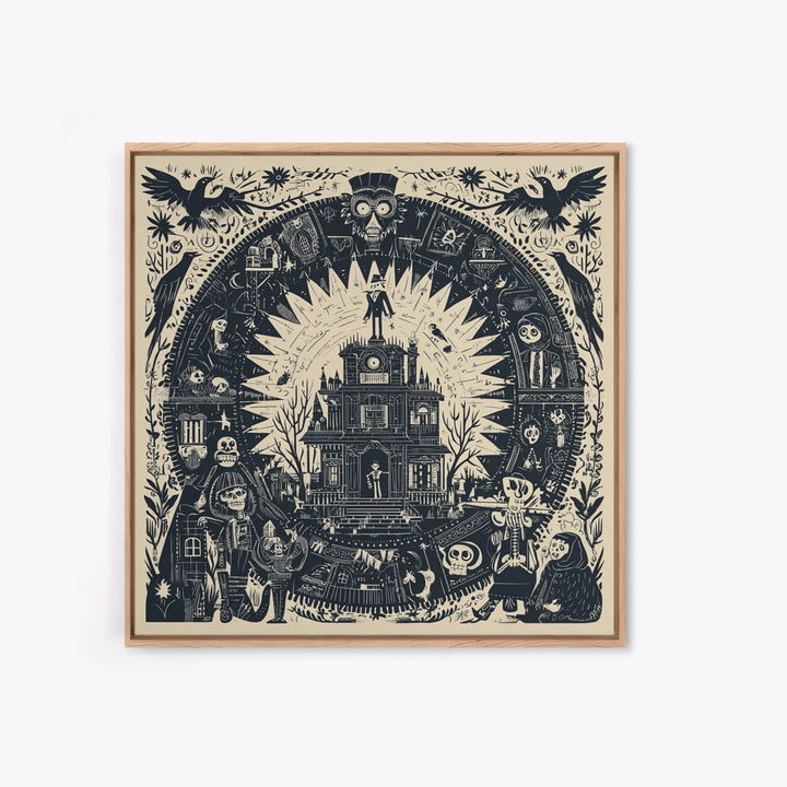 The Clockwork Haunted House, Macabre Folk Print Art, Square Wall Art, Macabre Wall Art, Framed Canvas Print, Halloween Wall Art