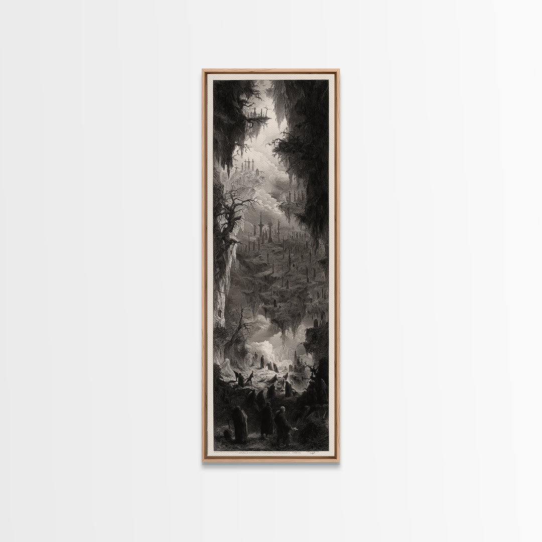 The Upside-Down Cemetery, Gothic Engraving Art, Tall Narrow Wall Art, Gothic Horror Wall Art, Framed Canvas Print, Halloween Wall Art