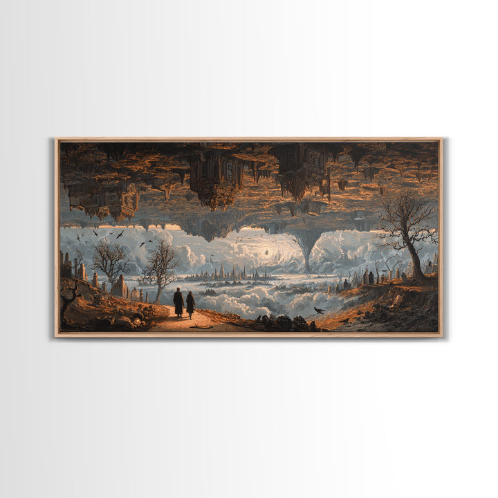 The Upside-Down Cemetery, Apocalyptic Romantic Art, Wide Panoramic Art, Macabre Wall Art, Framed Canvas Print, Halloween Wall Art