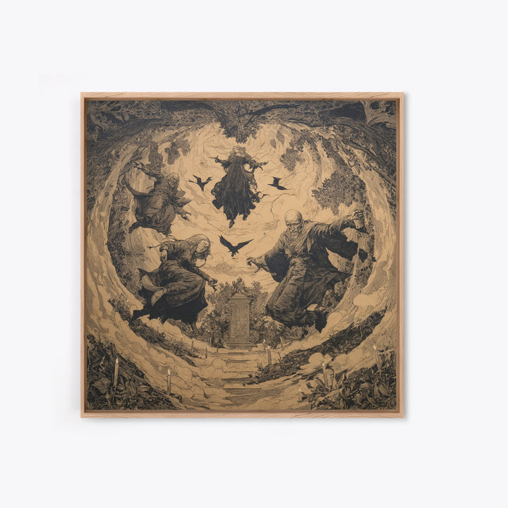 The Upside-Down Cemetery, Symbolist Etching Art, Square Wall Art, Gothic Horror Wall Art, Canvas Print, Halloween Wall Art