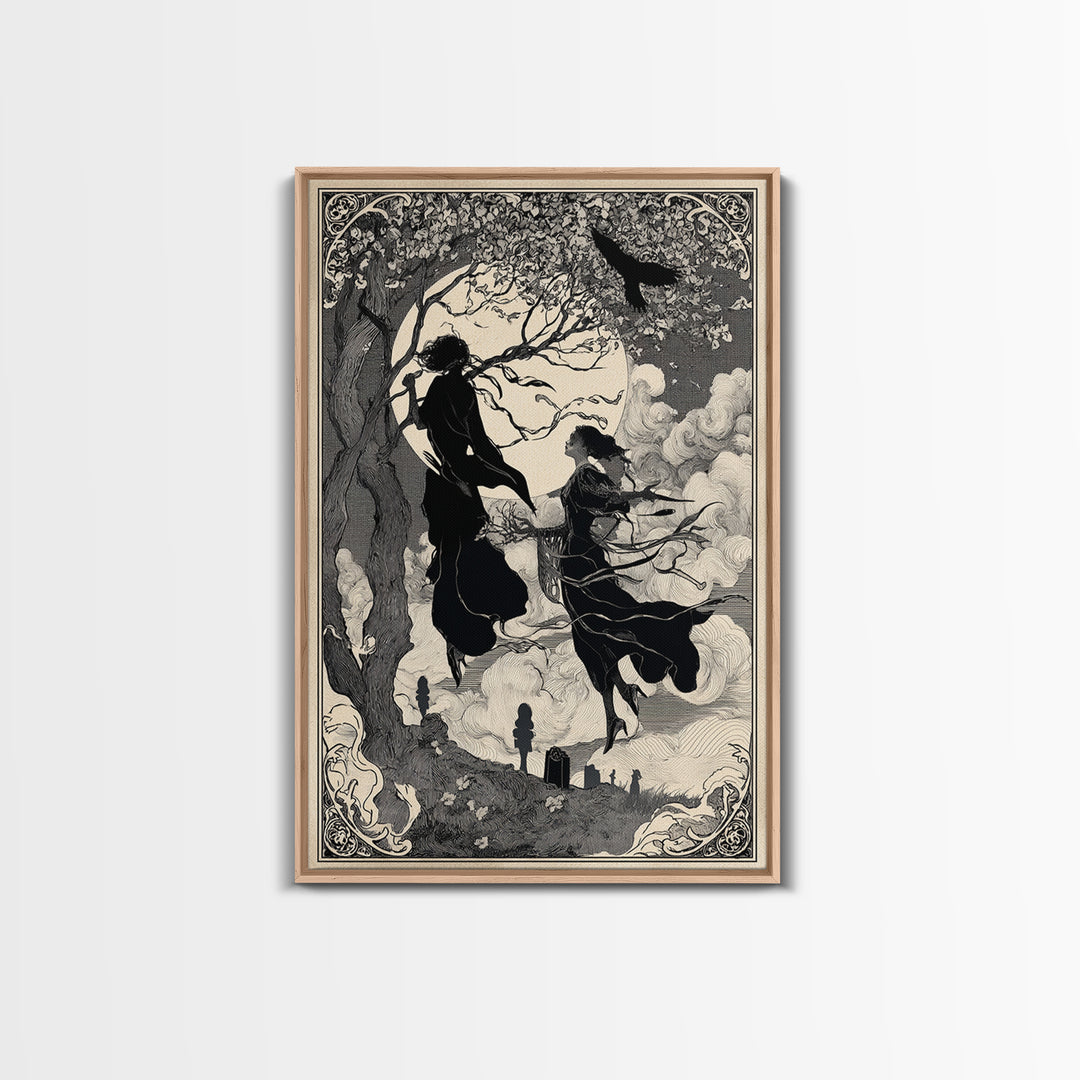 The Upside-Down Cemetery, Decadent Line Art, Vertical Wall Art, Dark Halloween Decor, Canvas Print, Halloween Wall Art