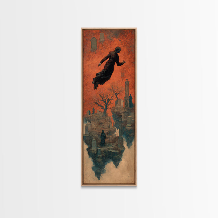 The Upside-Down Cemetery, Surreal Apocalyptic Art, Tall Narrow Wall Art, Macabre Wall Art, Canvas Print, Halloween Wall Art
