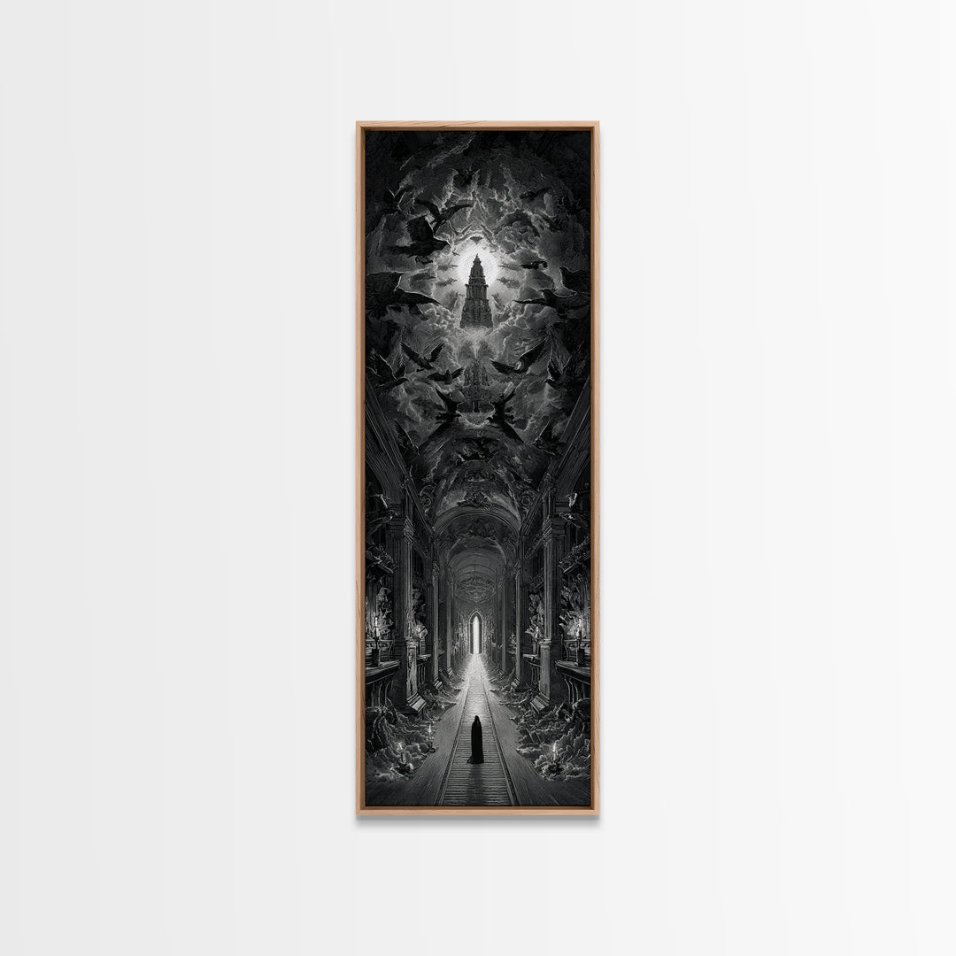 The Infinite Hallway, Gothic Engraving Art, Tall Narrow Wall Art, Macabre Wall Art, Framed Canvas Print, Halloween Wall Art
