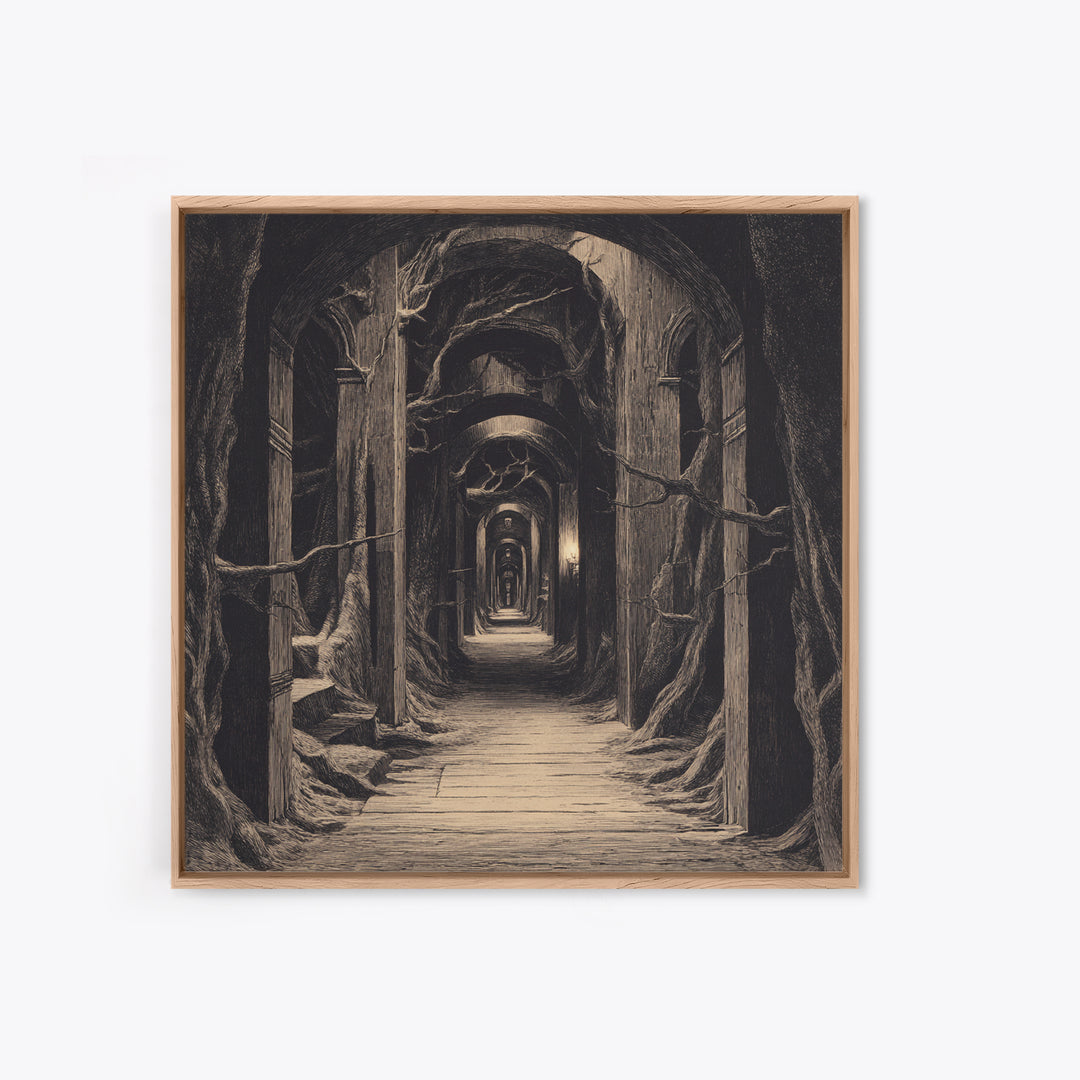 The Infinite Hallway, Expressionist Nightmare Art, Square Wall Art, Macabre Wall Art, Framed Canvas Print, Halloween Wall Art