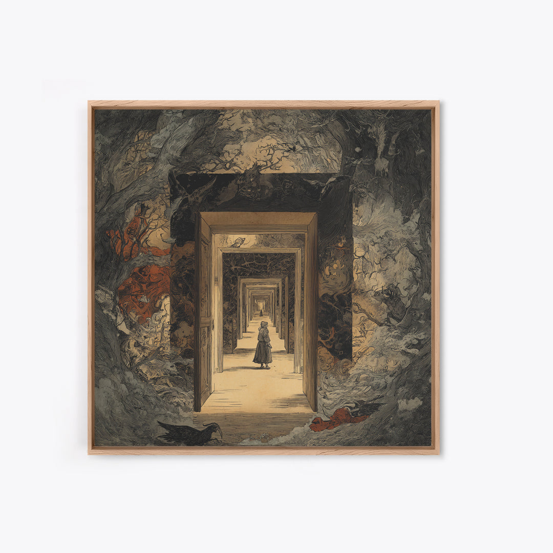 The Infinite Hallway, Gothic Storybook Art, Square Wall Art, Dark Fantasy Wall Art, Canvas Print, Halloween Wall Art