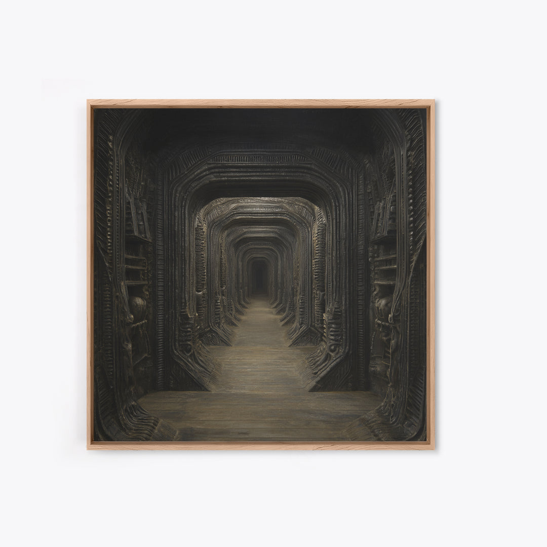 The Infinite Hallway, Biomechanical Horror Art, Square Wall Art, Dark Fantasy Wall Art, Framed Canvas Print, Halloween Wall Art