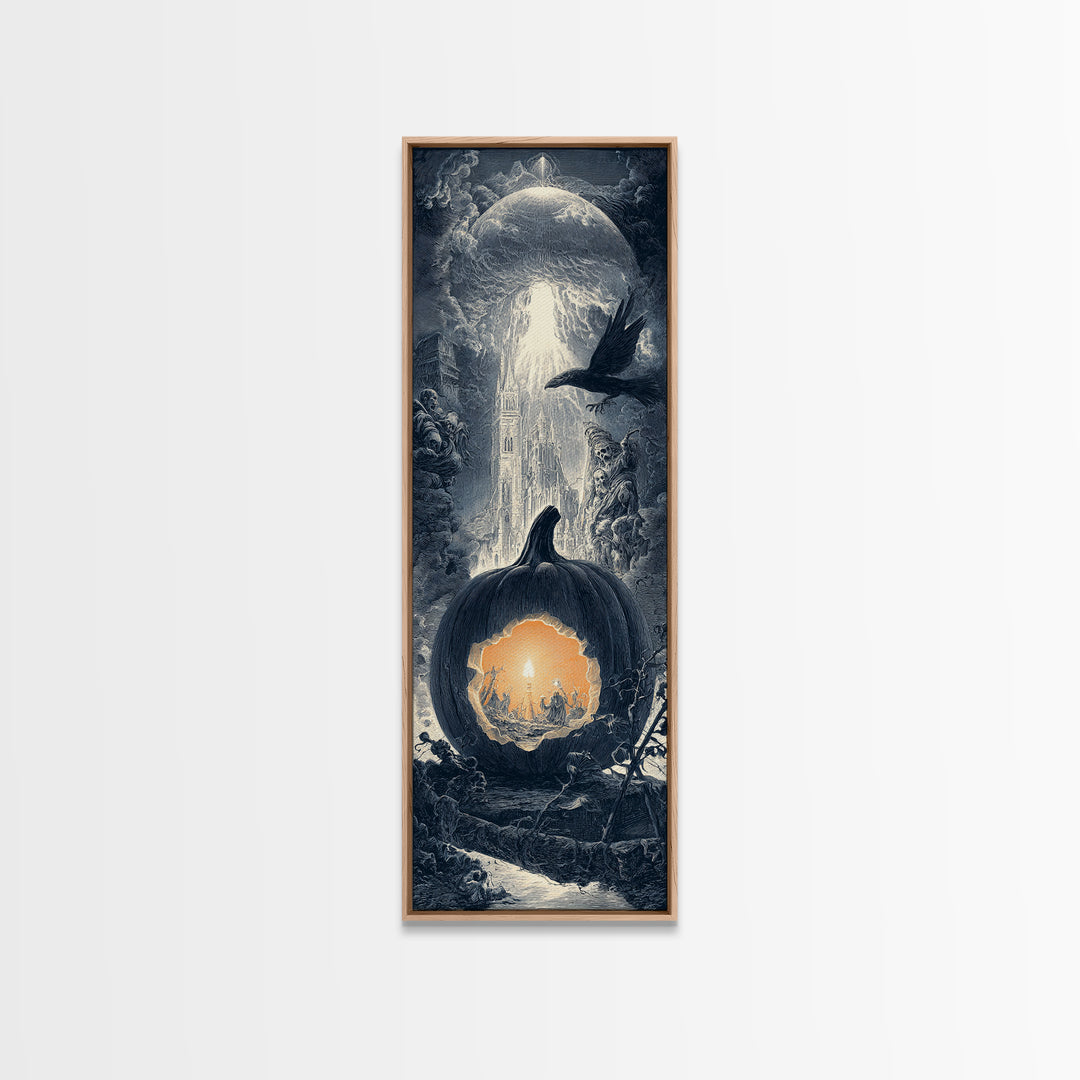The Moon Inside A Pumpkin, Gothic Engraving Art, Tall Narrow Wall Art, Macabre Wall Art, Framed Canvas Print, Halloween Wall Art